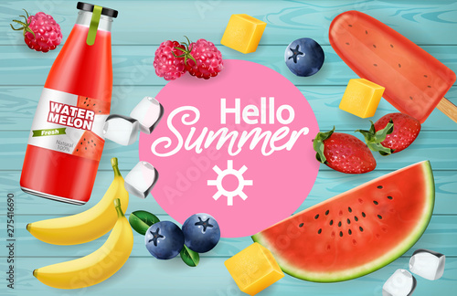 Summer fruits and juices Vector realistic. 3d detailed textures. Banana, wate...