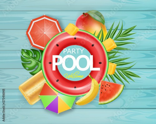 Summer pool tropic fruits card Vector realistic. 3d detailed textures. Banana...