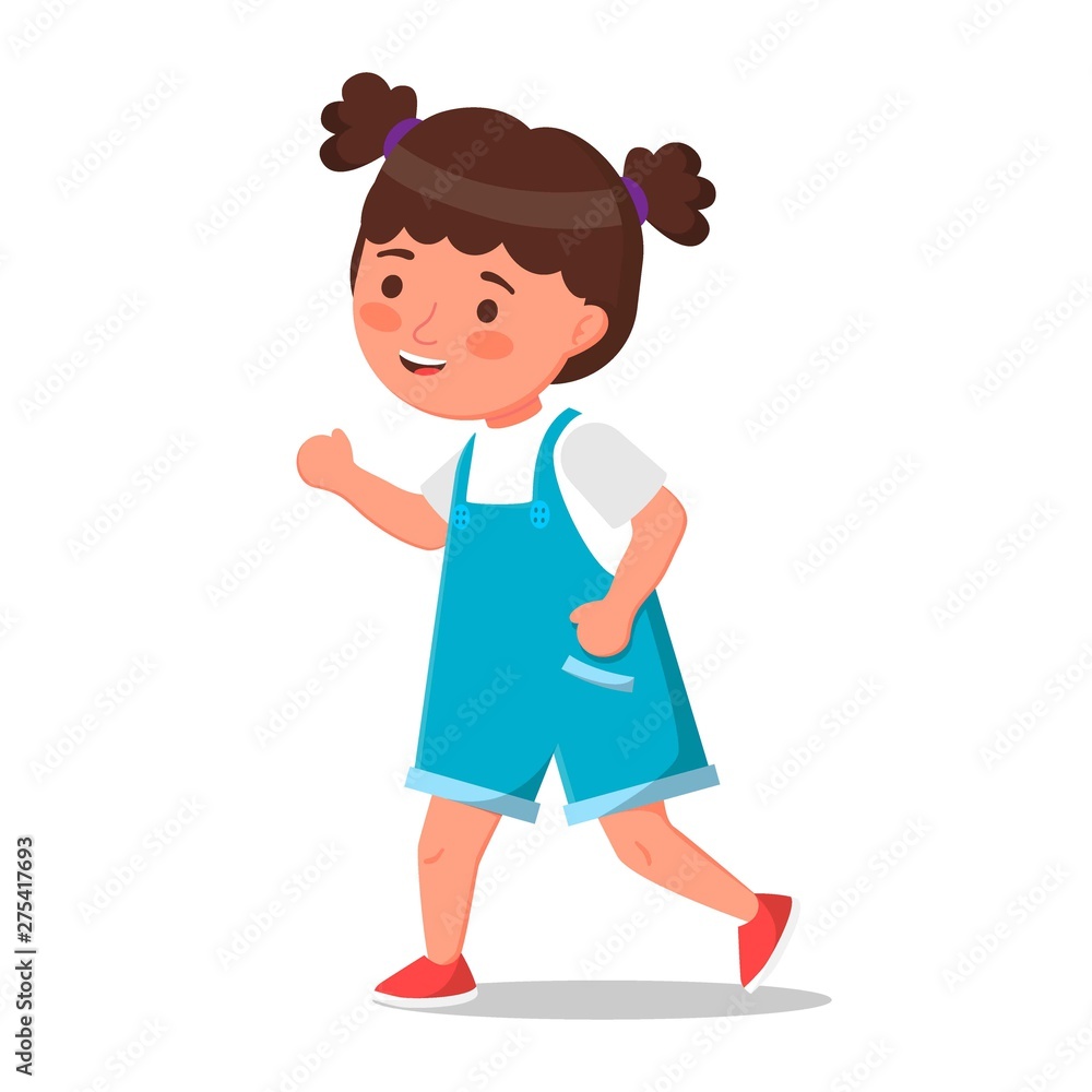 Cute little girl in denim shorts is running in full-length. Funny vector girl, isolated art on white background. Cute little girl in denim shorts is running in full-length. Funny vector girl, isolated art on white background.