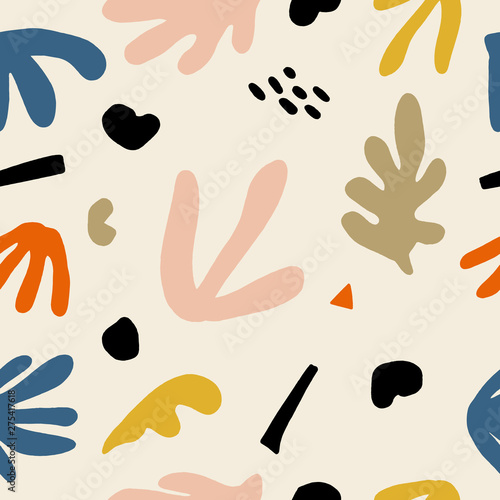 Fototapeta Dziecinna wzór z ręcznie rysowane streszczenie liści i kształtów. Kreatywna skandynawska tkanina dla dzieci, tekstura opakowania, tkanina, tapeta, odzież domowa. Ilustracji wektorowych.