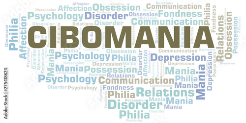 Cibomania word cloud. Type of mania, made with text only.