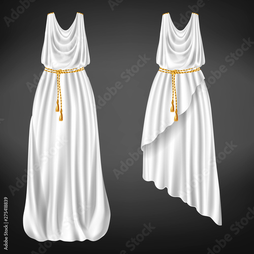 Different length, Greek chitons of white wool, linen or silk fabric tied with golden rope belt, fastened by pins at shoulder isolated 3d realistic vector. Womans historical clothing illustration