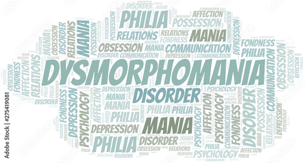 Dysmorphomania word cloud. Type of mania, made with text only.