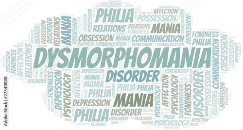 Dysmorphomania word cloud. Type of mania, made with text only.