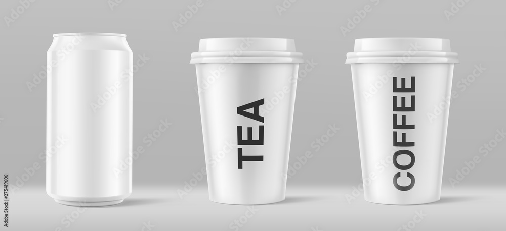Realistic blank paper cups with plastic lid mockup and aluminum can mockup. Front view. Coffee to go, beer, water, soda, energetic, take out mug. Ready for your design. Vector illustration. EPS10. Realistic blank paper cups with plastic lid mockup and aluminum can mockup. Front view. Coffee to go, beer, water, soda, energetic, take out mug. Ready for your design. Vector illustration. EPS10.