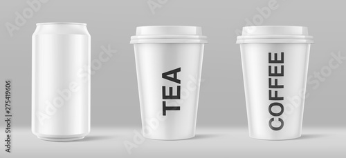 Realistic blank paper cups with plastic lid mockup and aluminum can mockup. Front view. Coffee to go, beer, water, soda, energetic, take out mug. Ready for your design. Vector illustration. EPS10.