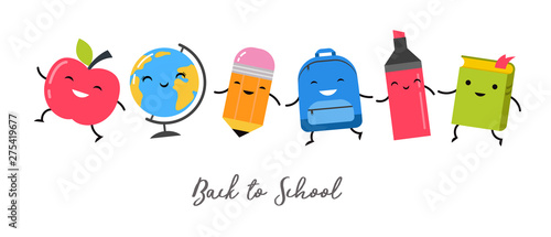 Back to school, happy school supplies are walking and jumping together