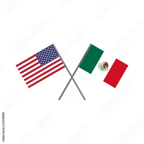 Vector illustration of the american (U.S.A.) flag and the mexican flag crossing each other representing the concept of cooperation