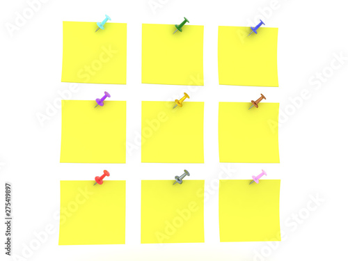 3D Rendering of many yellow sticky notes with various colored pins