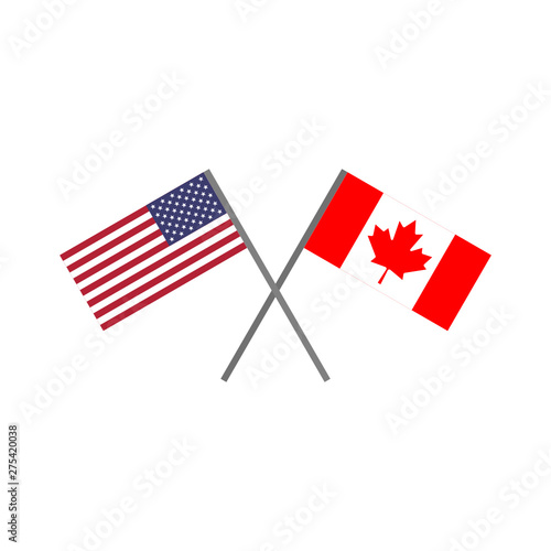 Vector illustration of the american (U.S.A.) flag and the canadian flag crossing each other representing the concept of friendship and cooperation