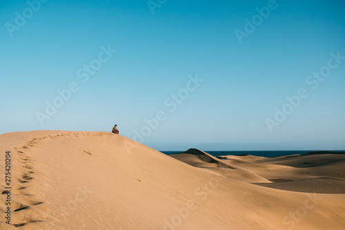 young woman with red dress sit alone in the desert thinking and reflecting  on top of dune as a metaphor of loneliness and depression