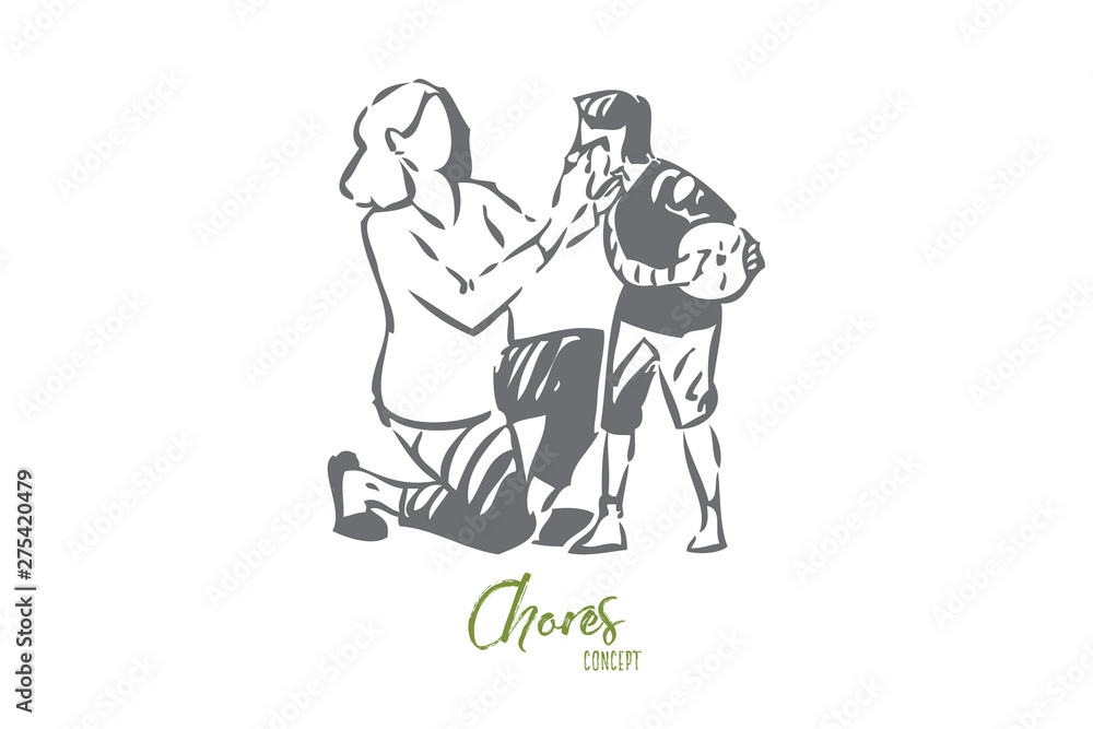 Mother taking care of boy concept sketch. Isolated vector illustration Mother taking care of boy concept sketch. Isolated vector illustration