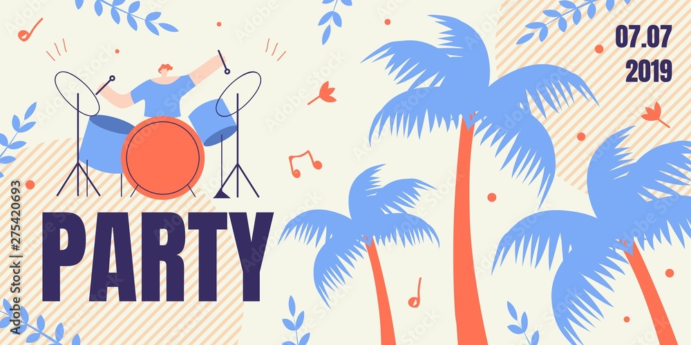 Naklejka premium Banner with Artist Drummer Playing on Drums, Flyer