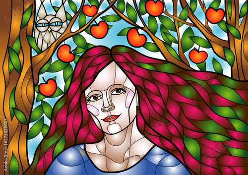 bright illustration of a beautiful girl with long hair in the style of stained glass