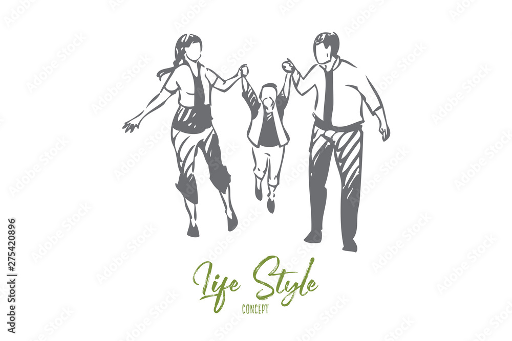 Family walking concept sketch. Isolated vector illustration
