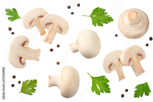 mushrooms with slices, parsley leaf and peppercorns isolated on white background. top view