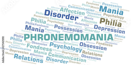 Phronemomania word cloud. Type of mania, made with text only.