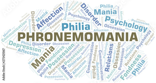Phronemomania word cloud. Type of mania, made with text only.