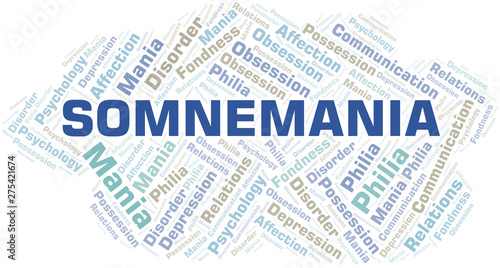 Somnemania word cloud. Type of mania, made with text only.