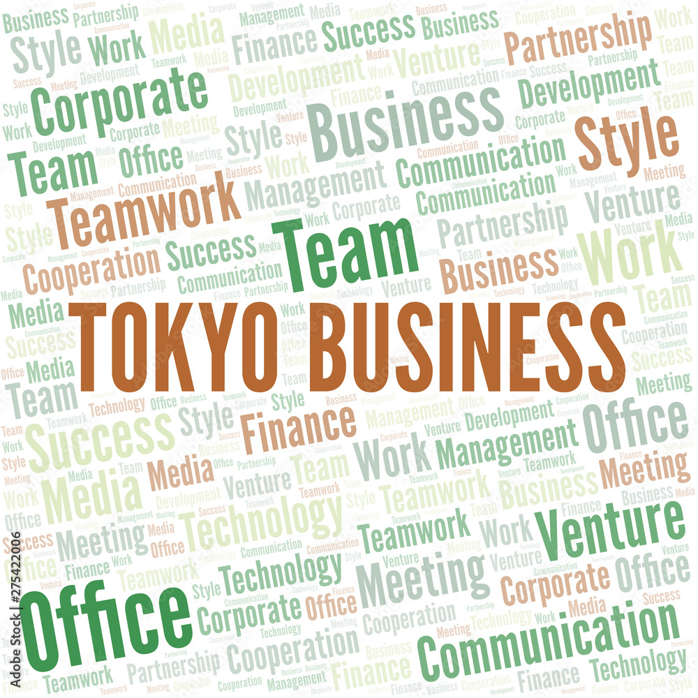 Tokyo Business word cloud. Collage made with text only.