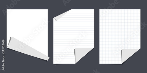 White note, notebook, copybook paper sheets with curled corners for text or advertising message are on black background