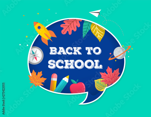 Back to school, speech bubble with many education icons, elements. Vector concept design