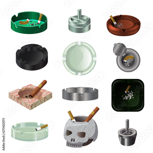 Ashtray vector ash-tray and ash-pot with smoking cigarette nicotine 3d illustration unhealthy smoke addiction habit set of cigar in ash tray and match sketch isolated on white background