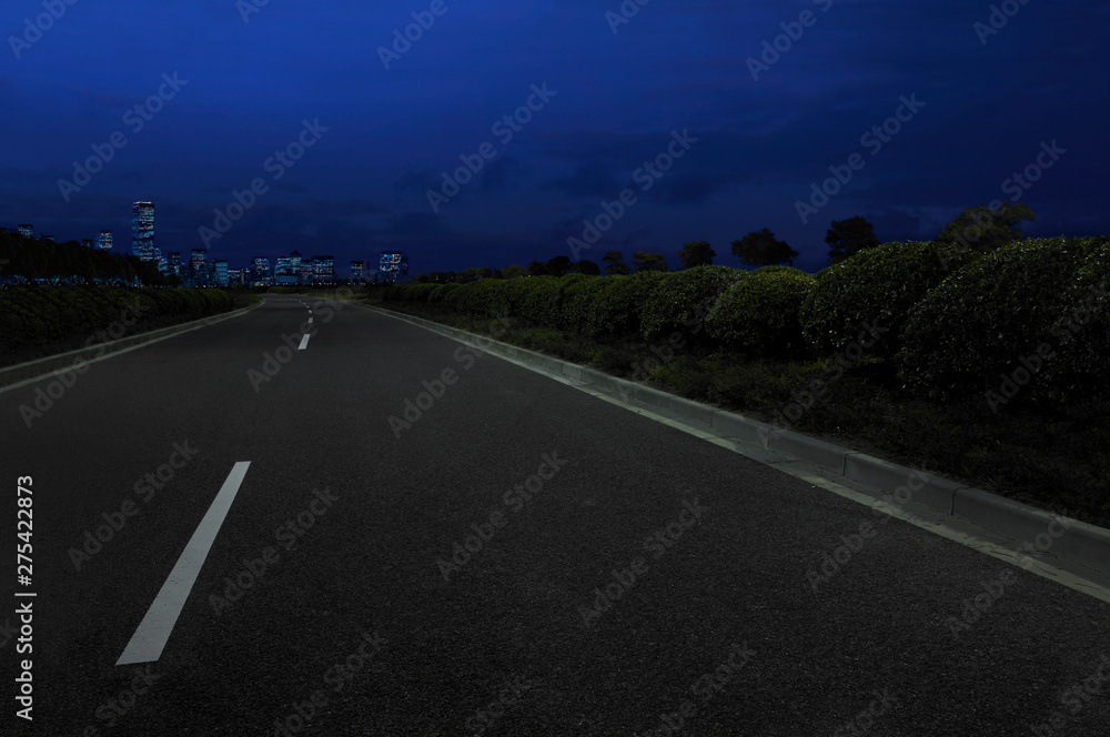 Night road toward city. Asphalt Road at Night