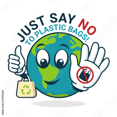 Just say no to plastic Bag with world charator show stop plastic sign and hold Cloth Bag banner vector design