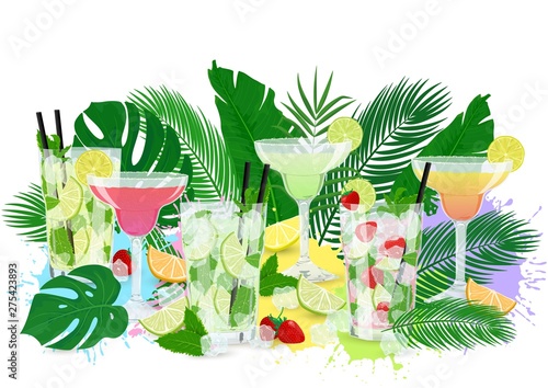 Vector illustration of summer cocktails set with tropic leaves and fruits. Design with Classic Mojito, Strawberry Mojito, Margarita, lemonade for card, flyer, invitation, party, bar, menu, offer.