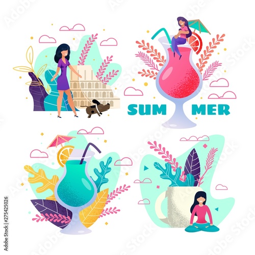 Summer Vacation, Rest, Cocktail Party Vector Set
