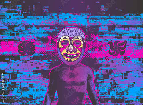 Glitch party poster with man in ritual tribal mask. Vector Illustration.