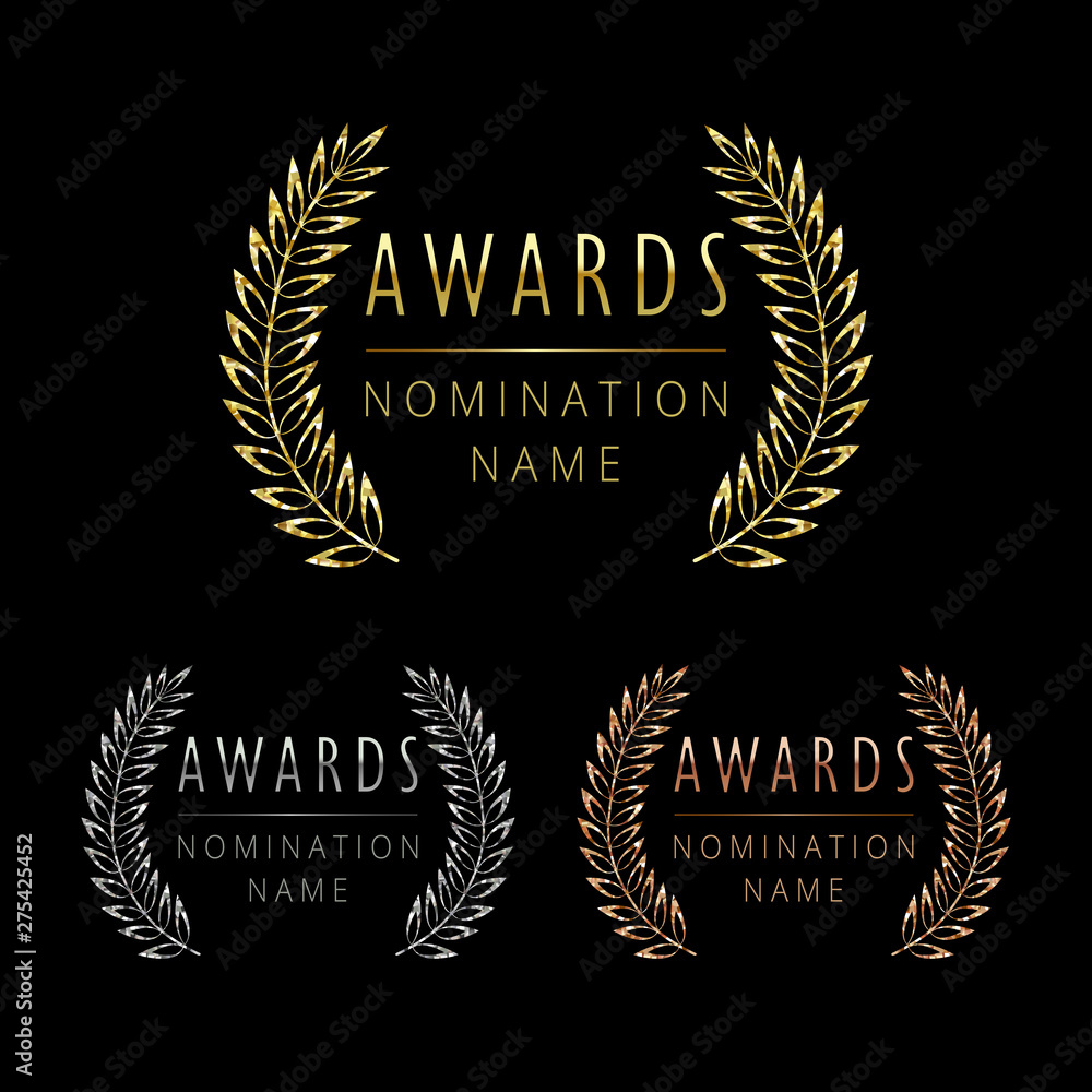 Awards logotype set. Isolated abstract graphic design template. Celebrating elegant nomination banner, decorative old tradition collection of 1 2 3 place, round shining symbols. Vector illustration.