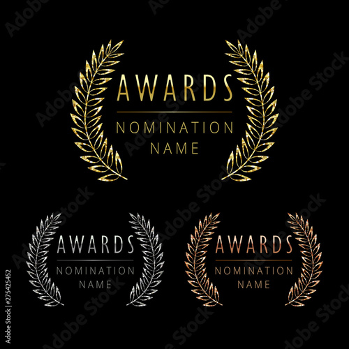 Awards logotype set. Isolated abstract graphic design template. Celebrating elegant nomination banner, decorative old tradition collection of 1 2 3 place, round shining symbols. Vector illustration.