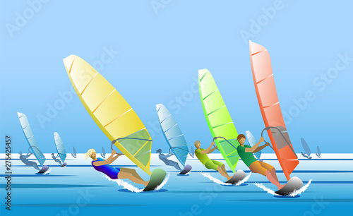 Wind surfing regatta, colorful sails, vector illustration