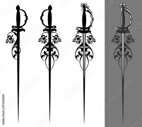 elegant epee sword blade with rose flowers - heraldic style weapon vector design set