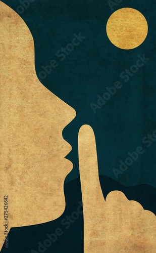 Obraz na plátně Flat style illustration of the hush gesture during a quiet night with full moon
