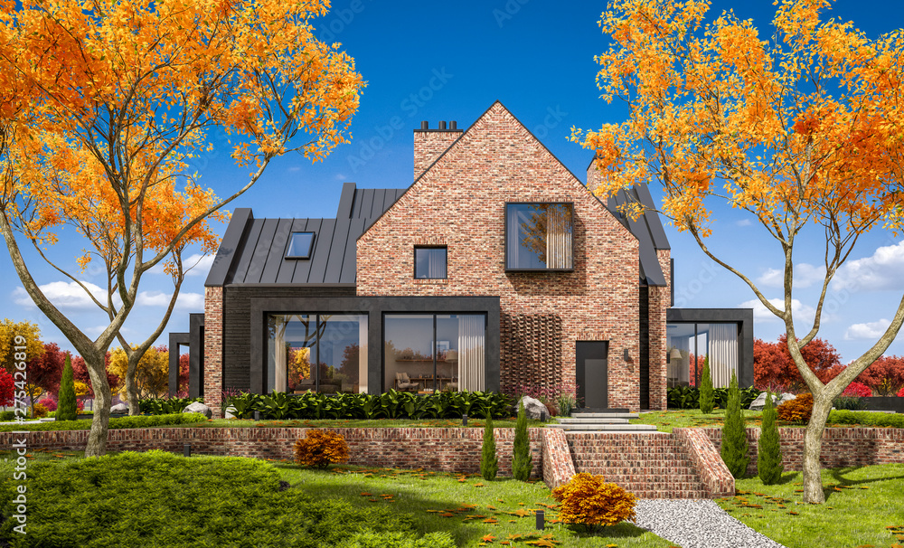 3d rendering of modern cozy clinker house on the ponds with garage and pool for sale or rent with beautiful landscaping on background. Clear sunny autumn day with golden leafs anywhere. 3d rendering of modern cozy clinker house on the ponds with garage and pool for sale or rent with beautiful landscaping on background. Clear sunny autumn day with golden leafs anywhere.