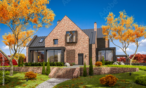 3d rendering of modern cozy clinker house on the ponds with garage and pool for sale or rent with beautiful landscaping on background. Clear sunny autumn day with golden leafs anywhere.