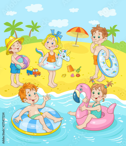 A group of cute kids resting on the beach. Colorful picture in cartoon style. Vector illustration.