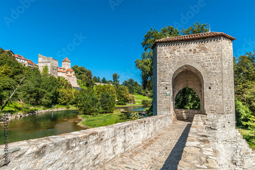 France, Pyrenees-Atlantiques, Sauveterre-de-Bearn, Pont de la Legende over the gave d'Oloron (Camino de Santiago) photo