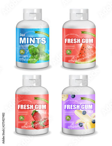 Gums mock up Vector realistic set collection. Product placement detailed labe...