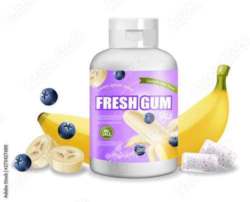 Chewing gum Vector realistic. Product placement detailed label design. Packaging bottles. Banana and berries flavor. 3d illustrations