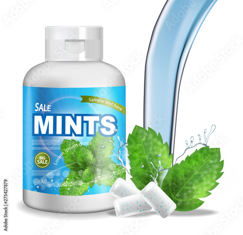 Chewing gum Vector realistic. Product placement detailed label design. Packaging bottles. Mint flavor. 3d illustrations