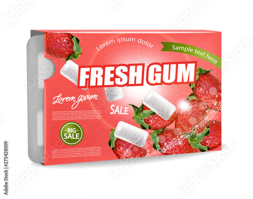 Chewing gum Vector realistic. Product placement detailed label design. Strawberry Fruit flavor. 3d illustrations
