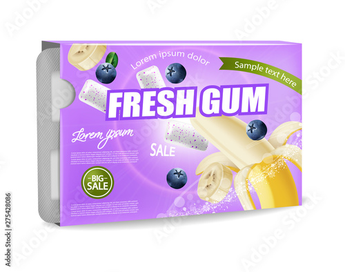 Chewing gum Vector realistic. Product placement detailed label design. Banana and berries flavor. 3d illustrations