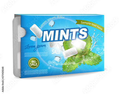 Chewing gum Vector realistic. Product placement detailed label design. Mint flavor. 3d illustrations