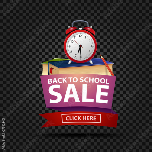 Back to school sale, discount web banner in geometric style with school books and alarm clock