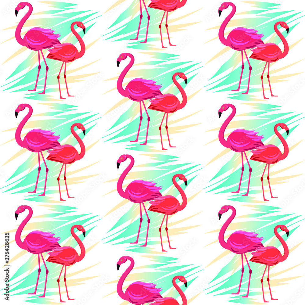 Fototapeta premium Seamless vector pattern, banner with flamingo, tropical leaves exotic flower design for flyer, invitation, poster, website or greeting card. Flat style, vector illustration