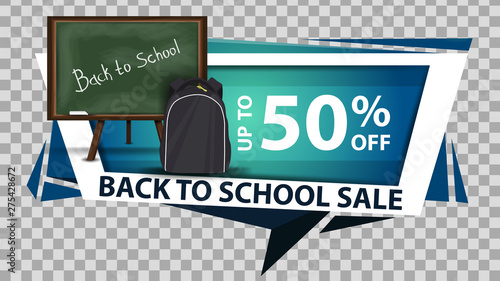 Back to school sale, discount web banner in geometric style with school Board and school backpack